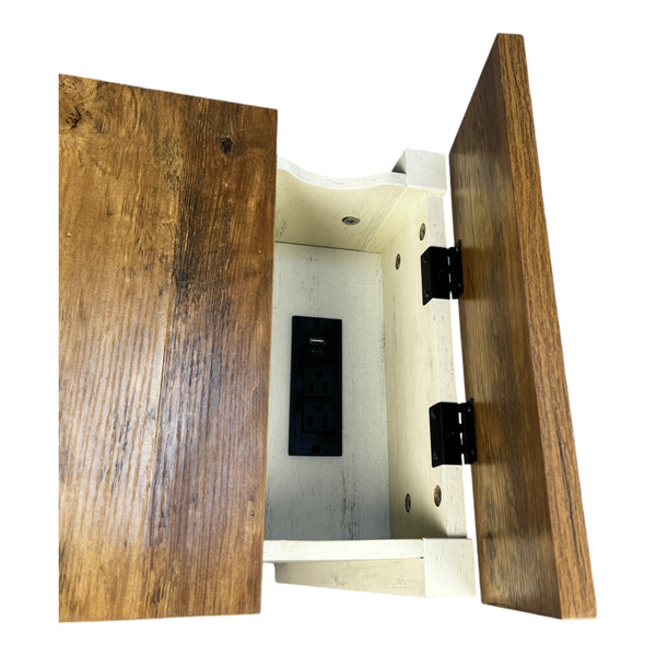 English Elm Farmhouse Nightstand with Charging Station and Barn Door Drawer — USB-C, AC Outlets, Compact Storage Brown+White W1412P230407