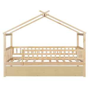English Elm Twin House Bed with Trundle Solid Pine Frame Walnut Kids Bedroom Sleepover N708P357115N