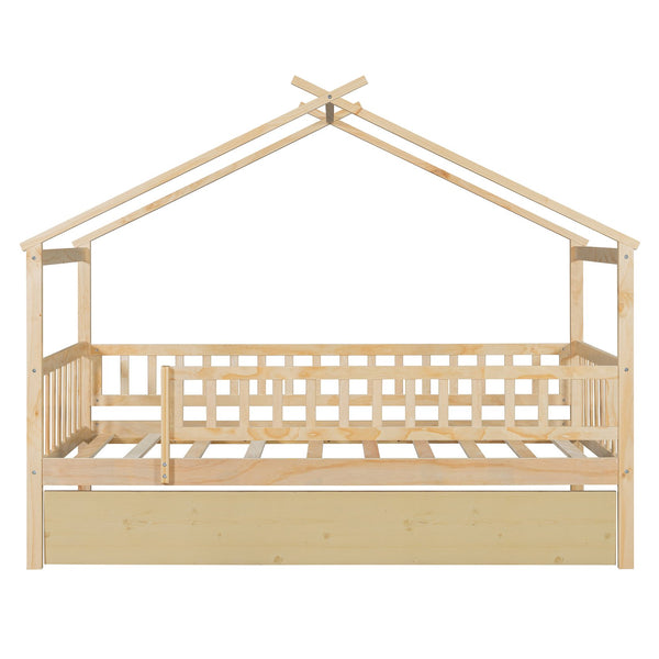 English Elm Twin House Bed with Trundle Solid Pine Frame Walnut Kids Bedroom Sleepover N708P357115N