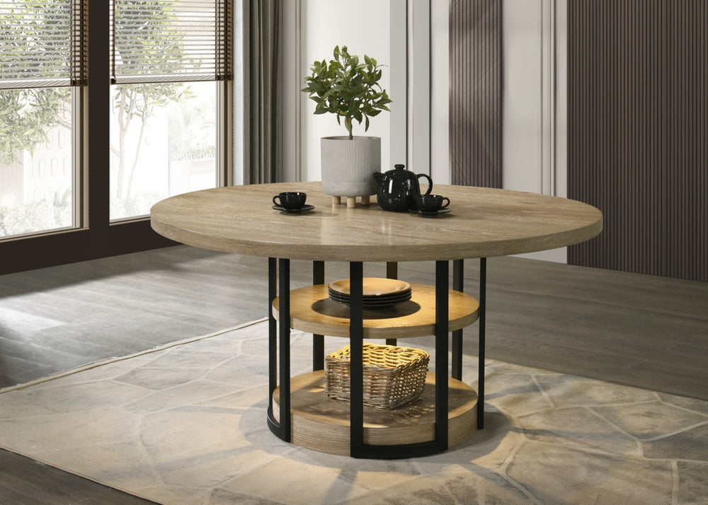 English Elm Elena Round Oak Veneer Dining Table Seats Six with Led Base and Open Shelving B2749S00253