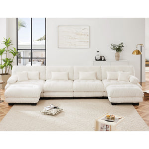 English Elm Free Modular Sectional Sofa – U-Shaped 4-Seater Cloud Couch With 2 Ottomans In Soft Chenille White W714S01006