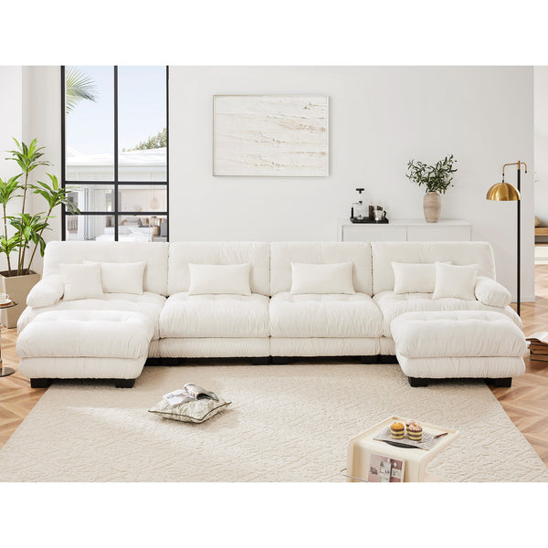 English Elm Free Modular Sectional Sofa – U-Shaped 4-Seater Cloud Couch With 2 Ottomans In Soft Chenille White W714S01006