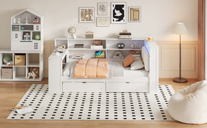 English Elm Wood Twin Size Platform Bed With Drawers, Charging Station, Led Light, Desk, & Upholstered Headboard N7090001046K-GIGA