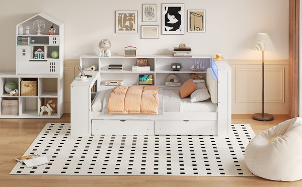 English Elm Wood Twin Size Platform Bed With Drawers, Charging Station, Led Light, Desk, & Upholstered Headboard N7090001046K-GIGA