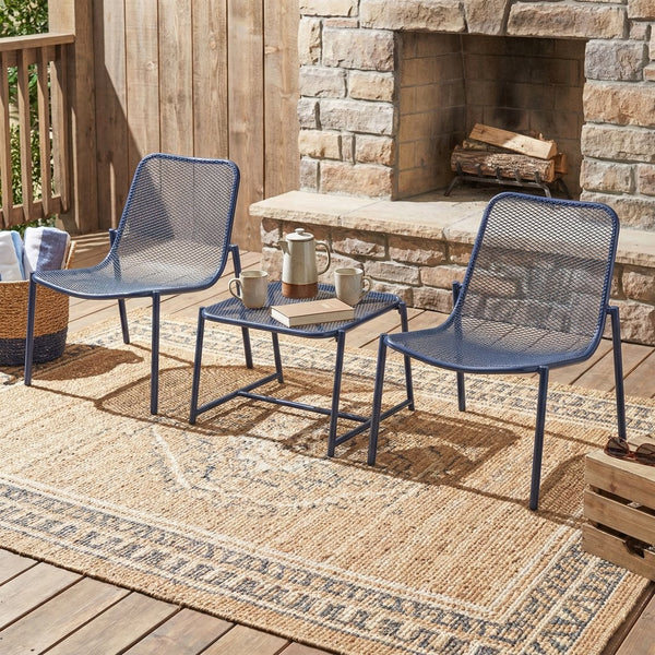 English Elm Kincaid Outdoor Iron Mesh Conversation Set Rust Resistant Patio Chairs with Side Table Navy Blue N775P392159N
