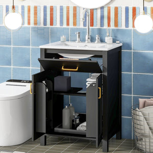 English Elm 24"Bathroom Luxurious Space-Saving Vanity with Ceramic Sink, Solid Wood Frame, Soft-Close Doors and Storage Black N729P183716B