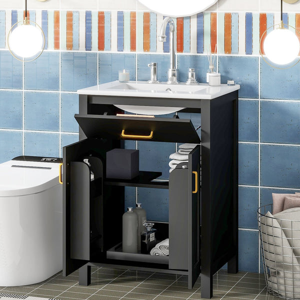English Elm 24"Bathroom Luxurious Space-Saving Vanity with Ceramic Sink, Solid Wood Frame, Soft-Close Doors and Storage Black N729P183716B