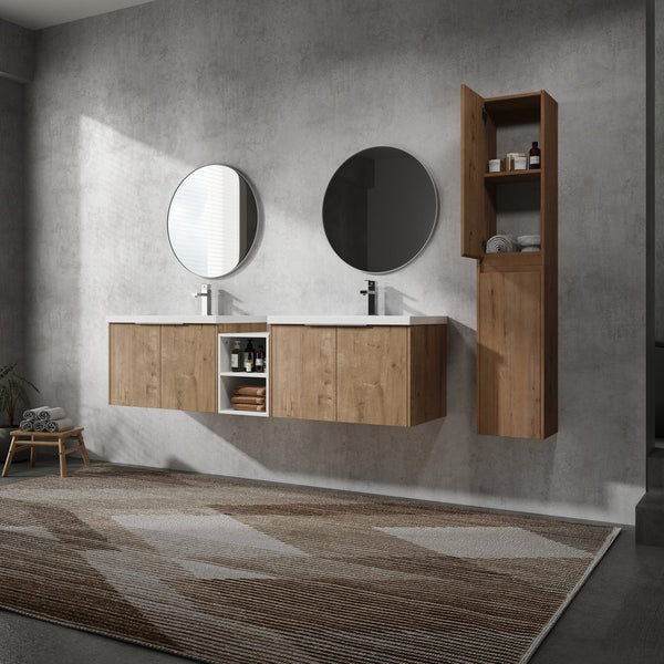 English Elm 72" Modern Wall-Mounted Bathroom Vanity Set With Soft-Close Doors, Resin Sinks & Extra Storage Space W999S00232