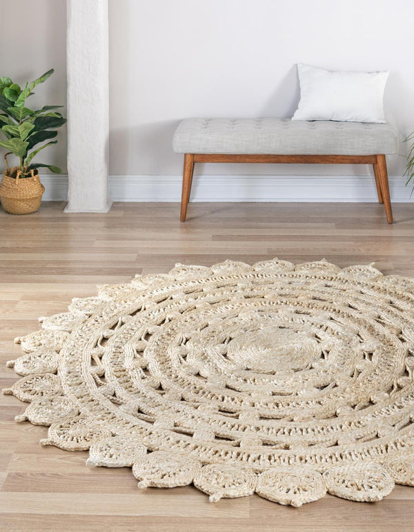 Unique Loom Braided Jute Punita Hand Braided Novelty Rug Ivory,  5' 1" x 5' 1"