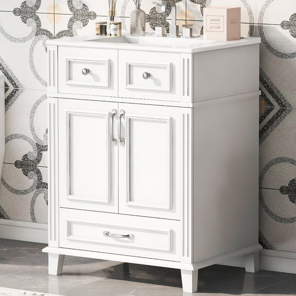 English Elm 24'' Retro Bathroom Vanity Solid Rubberwood Frame Ceramic Sink Soft Close Storage White N710P405405K