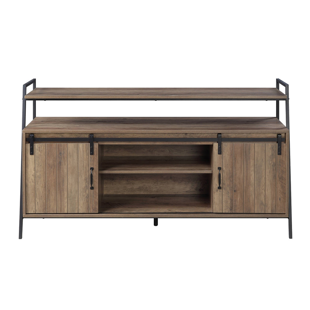English Elm 60-Inch Rustic Oak And Black Tv Stand With Sliding Barn Doors For Stylish Storage And Organization B016P317063