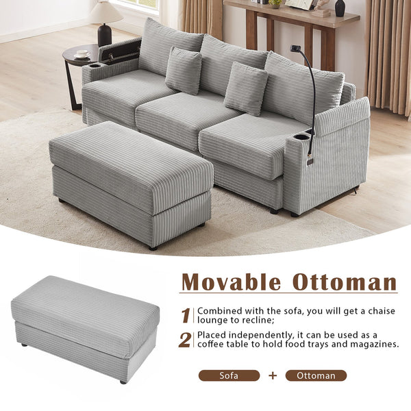 English Elm 95.3" Modern 3-Seater Sectional Sofa With Storage, Usb Ports & Movable Ottoman For Stylish Comfort N719S001612E