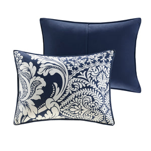 English Elm 7 Piece Cotton Printed Comforter Set - Elegant Indigo Damask Design For Luxurious Bedroom Style B03596962