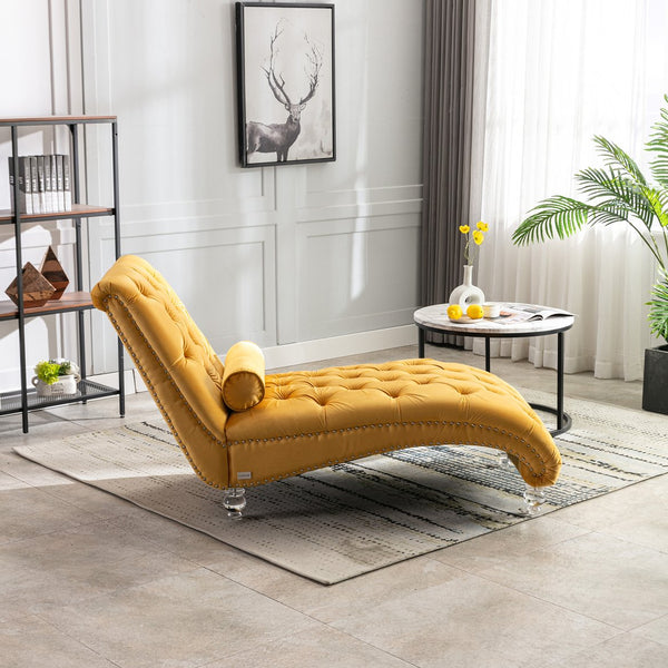 English Elm Velvet Curved Chaise Lounge Sofa with Button-Tufted Upholstery, Plush Foam Seat and Acrylic Legs Mustard W39538680