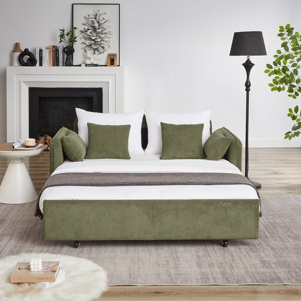 English Elm FX'' 66 Inch Sleeper Sofa Bed 3-in-1 Convertible Pullout Sofa with Plush Corduroy, 4 Pillows, Pockets Green W1926S00057