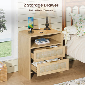 English Elm Rattan Drawer Nightstand Set with Built-in Charging Station and Open Shelf Bedroom Storage Oak W1820P416764