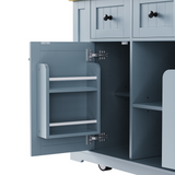 English Elm K&K 53Inch Large Kitchen Island With Drop Leaf,Power Outlet,Door Internal Storage Rack,Rolling Kitchen Cart On 5 Wheels With 5 Open Side Racks For Kitchen,Dining Room,Grey Blue(Not Include Bar Stools)