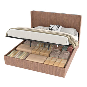 English Elm Large Walnut Grooved Lift Storage Bed King - Rustic Slatted Wooden Platform with Dual Hydraulic Lift and Stainless Steel Reinforced Headboard W1858S00004