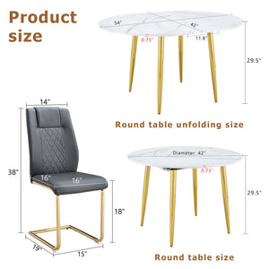English Elm Table and Chair Set Extendable Mdf Round Oval Dining with Gold Arched Legs Dark Gray,White+Gold W1151S03947