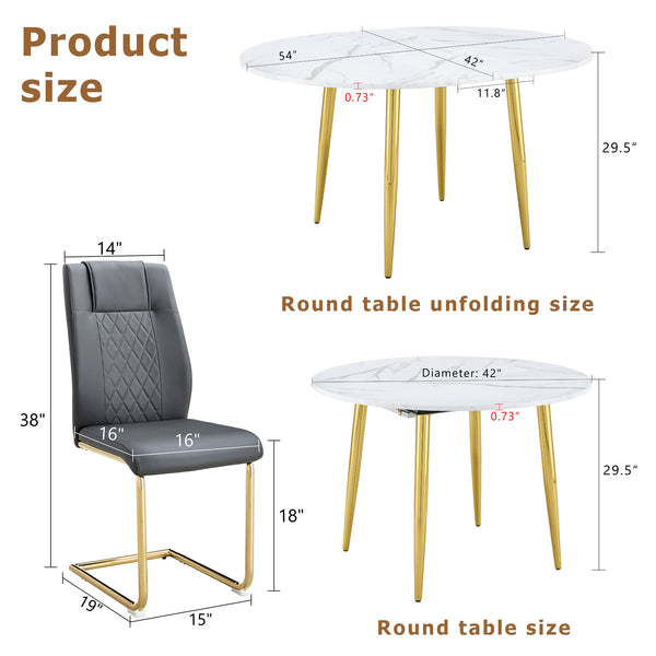 English Elm Table and 6 Chair Extendable Mdf Dining Set with Gold Arched Legs Modern Style Dark Gray,White+Gold W1151S03948