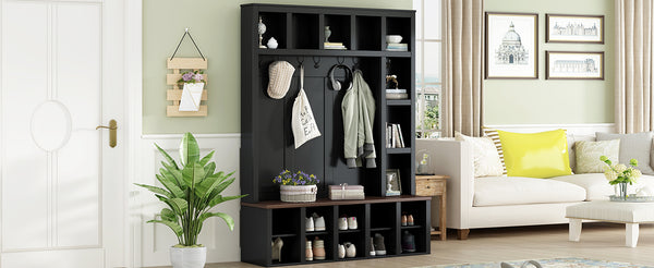 English Elm Farmhouse Hall Tree Walnut Bench Two-tone Entryway Organizer with Six Hooks Shoe Storage N721S000044B-1