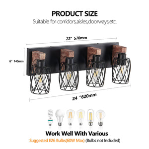 English Elm 24" Industrial Vintage 4-Light Wall Sconce with Black Iron Cage and Walnut Wood Accents for Bathroom W2312P374838