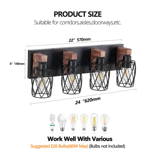 English Elm 24" Industrial Vintage 4-Light Wall Sconce with Black Iron Cage and Walnut Wood Accents for Bathroom W2312P374838