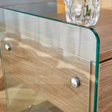 English Elm Bedside Table With Drawers. The Board Surface Is Mdf Sticker, and Both Sides Are Transparent Tempered Glass. The Design Is Simple and Elegant, With Excellent Storage Functions.