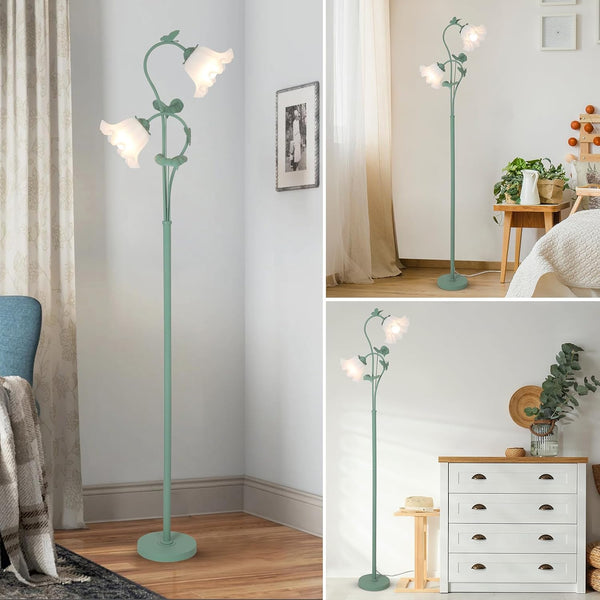 English Elm Flower Vintage Floor Lamp with Acrylic Lily Shades, 63.5" Green Metal Standing Light, 2 LED Bulbs W2738P400649