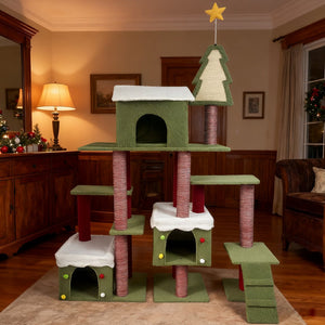 English Elm Wide Holiday Cat Tree Tower with Sisal Posts Tiered Perches and Festive Star Topper W243P382868