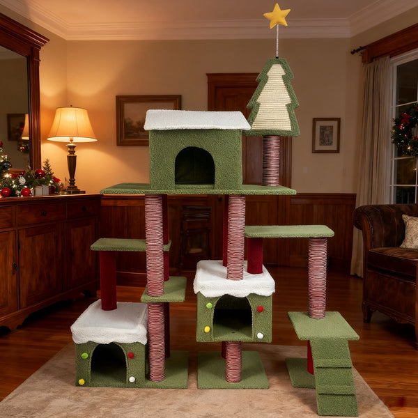 English Elm Wide Holiday Cat Tree Tower with Sisal Posts Tiered Perches and Festive Star Topper W243P382868