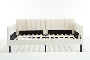 English Elm Elena Twin Size Beige Velvet Daybed with Ribbed Tufted Backrest, Foam Comfort, 400lb Capacity B083P152010