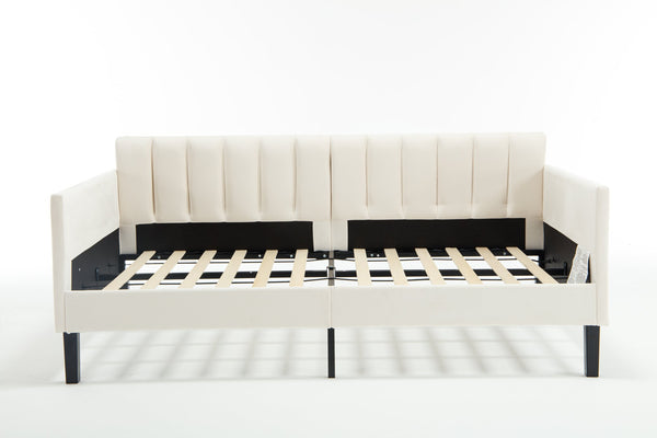 English Elm Elena Twin Size Beige Velvet Daybed with Ribbed Tufted Backrest, Foam Comfort, 400lb Capacity B083P152010