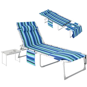 English Elm Folding Outdoor Chaise Lounge with Face Hole Side Table and Five Position Recline T3971P481182