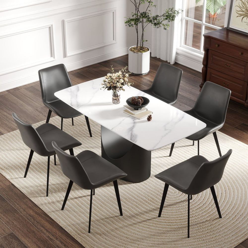 English Elm 63" Modern Sintered Stone Dining Table With Curved White Panel & Black Iron Legs - Seats 6-8 People! W1535S00558