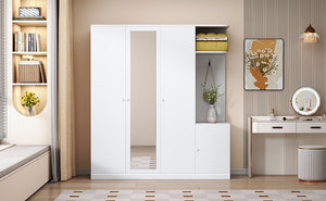 English Elm 4-Door Wardrobe with Full-Length Mirror, Dust-Proof Compartments, Shoe Door & Anti-Tip Safety Features White N820S00056K