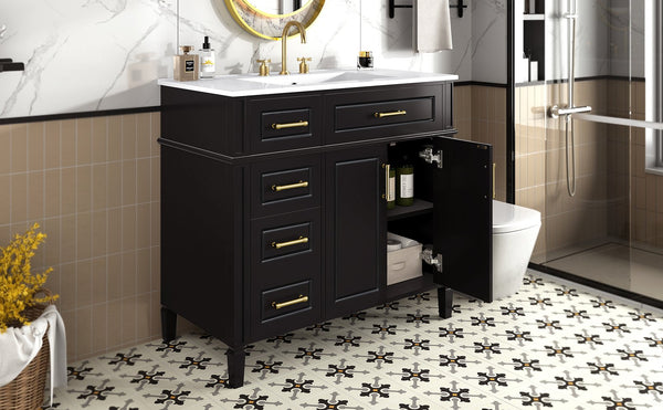 English Elm 36 Inch Freestanding Bathroom Vanity Sage Pine Cabinet Gold Hardware Ceramic Sink Black N725P366466B