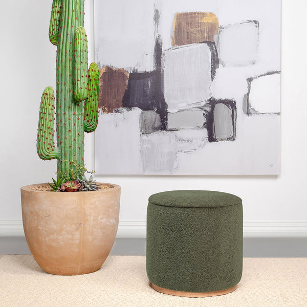 English Elm Keita Green Faux Sheepskin Ottoman with Wood-Grain Metal Base — Cozy Round Footstool, Durable Accent Seat (18.5") B062P299988