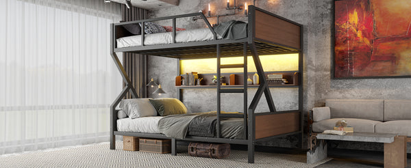 English Elm Queen Over Solid Pine Bunk Bed with Built in Shelves and Tray for Guest Rooms W5305S00013