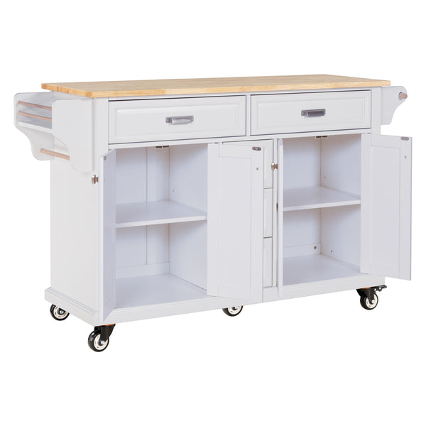 English Elm Kitchen Island durable rubberwood countertop kitchen cart on casters with towel rack, spice shelf, 5 drawers and adjustable shelving for organized meal prep and mobility White W914S00002
