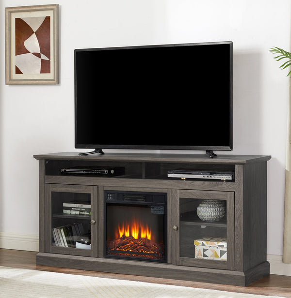 English Elm Retro TV Stand Dark Walnut 60" Console with 18" Fireplace Insert, Storage Cabinets, Open Shelves, Fits 65" TVs W2275S00010