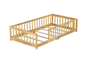 English Elm Twin Size Floor Bed With Safety Guardrails, Eco-Friendly Rubberwood Design For Toddler Independence W504P286397-GIGA