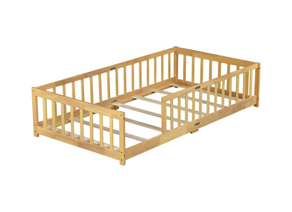 English Elm Twin Size Floor Bed With Safety Guardrails, Eco-Friendly Rubberwood Design For Toddler Independence W504P286397-GIGA