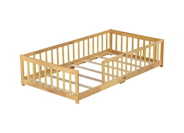 English Elm Twin Rubberwood Montessori Floor Bed with Safety Guardrails for Toddler Bedrooms W504P370520