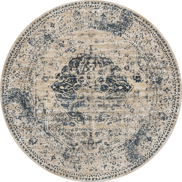 Unique Loom Chateau Hoover Machine Made Border Rug Dark Blue, Beige/Cream/Gray 6' 1" x 6' 1"