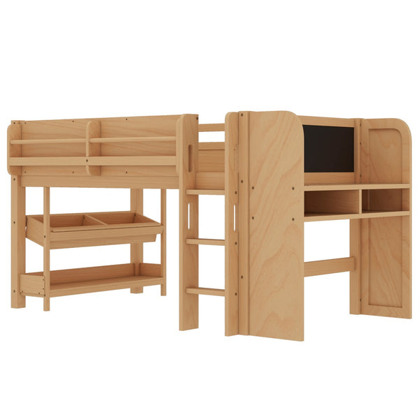 English Elm Twin Low Loft Bed Solid Pine Frame Kids Study Desk Blackboard Storage White W1580S00574