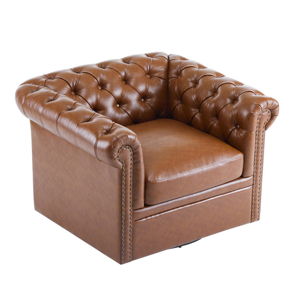 English Elm Christopher Knight Home® - Chesterfield Swivel Club Chair with Deep Button Tufting, Nailhead Trim, 360° Metal Swivel Comfort Cognac 39.25 L x 33.85 W x 27.85 H N776P195601C