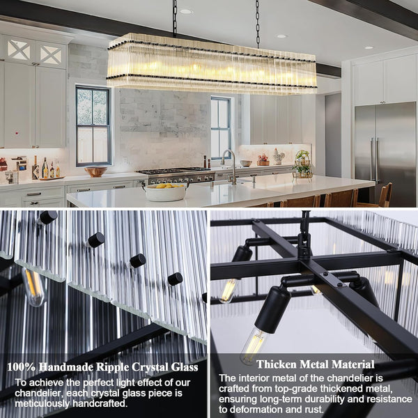 English Elm Modern Rectangular Crystal Glass Chandelier - 10-Lights Black Pendant Fixture For Elegant Spaces W1340P332560