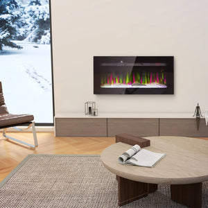English Elm HOMCOM 36" Electric Fireplace Heater with Remote, 1500W Wall/Recessed Mount, Realistic Flames Black W2225P249833