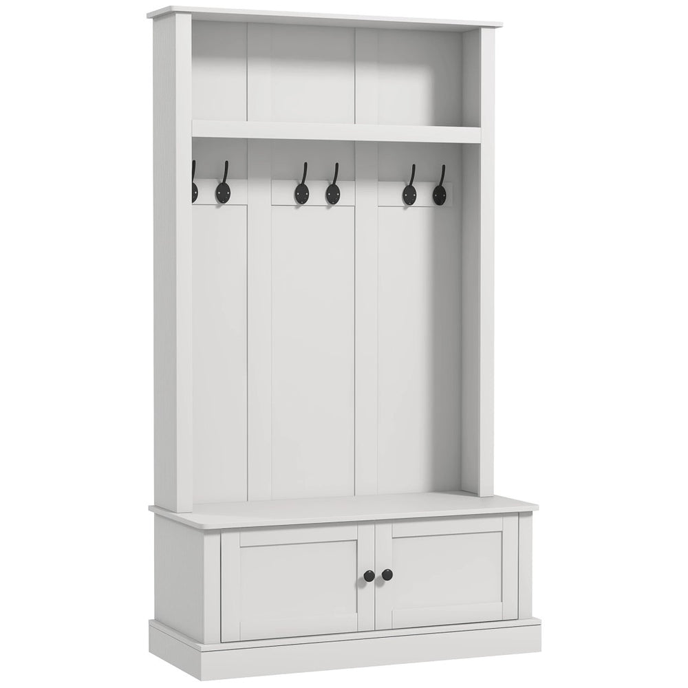 English Elm White Entryway Hall Tree with Cabinet Hooks Bench and Shelf for Mudroom Storage T3971S00061